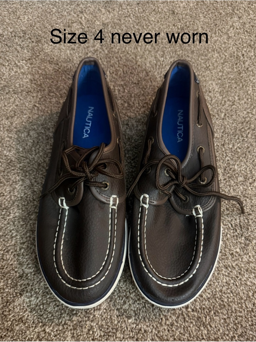 Nautica Dark Brown Leathery Boat Shoes with White Stitching Sz 4